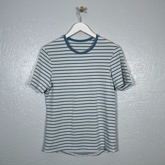 Lululemon Men S Blue White Stripe 5 Year Basic Tee Short Sleeve Shirt Crew Neck - Picture 1 of 9